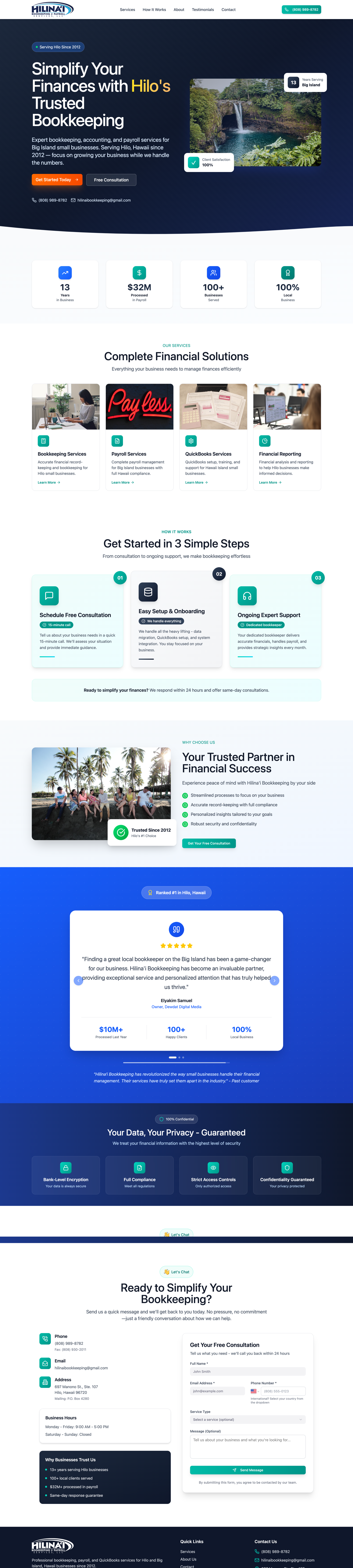 The redesigned Hilinai Bookkeeping homepage